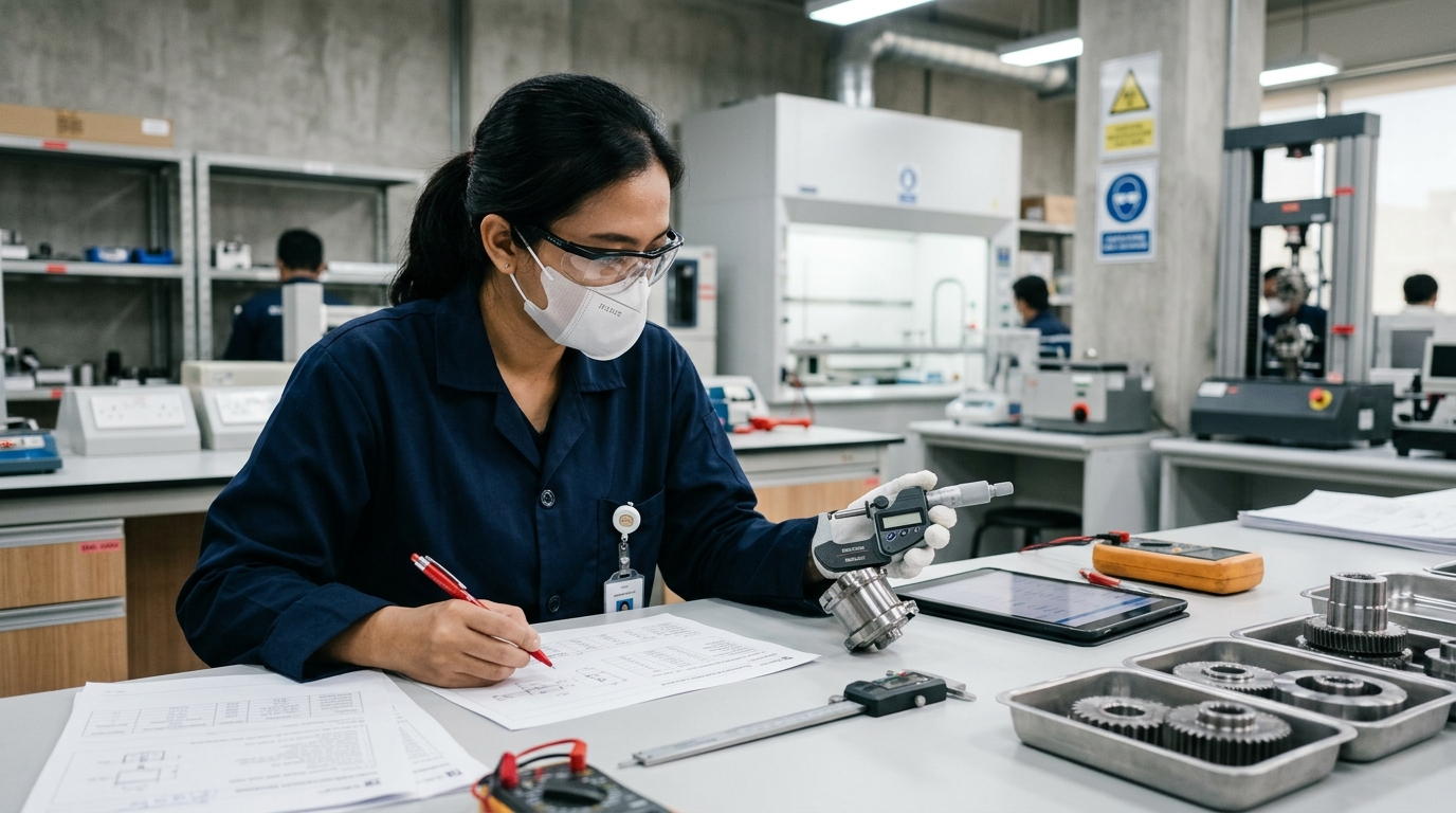 Quality engineer reviewing Indonesian product standards and laboratory test documents