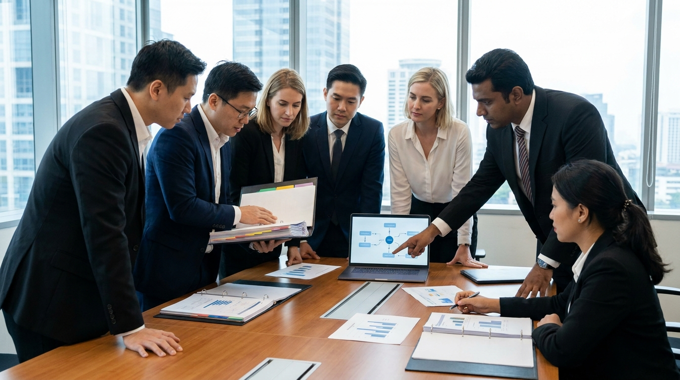 Foreign-investor team reviewing Indonesian sector license dependencies