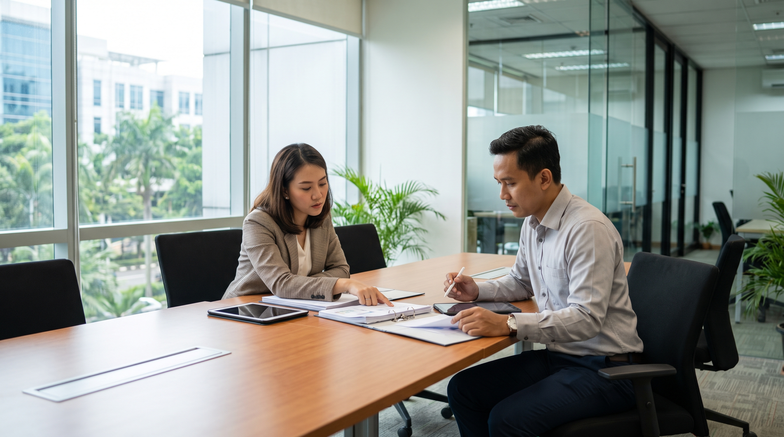Operations and compliance managers reviewing facility readiness documents in Indonesia