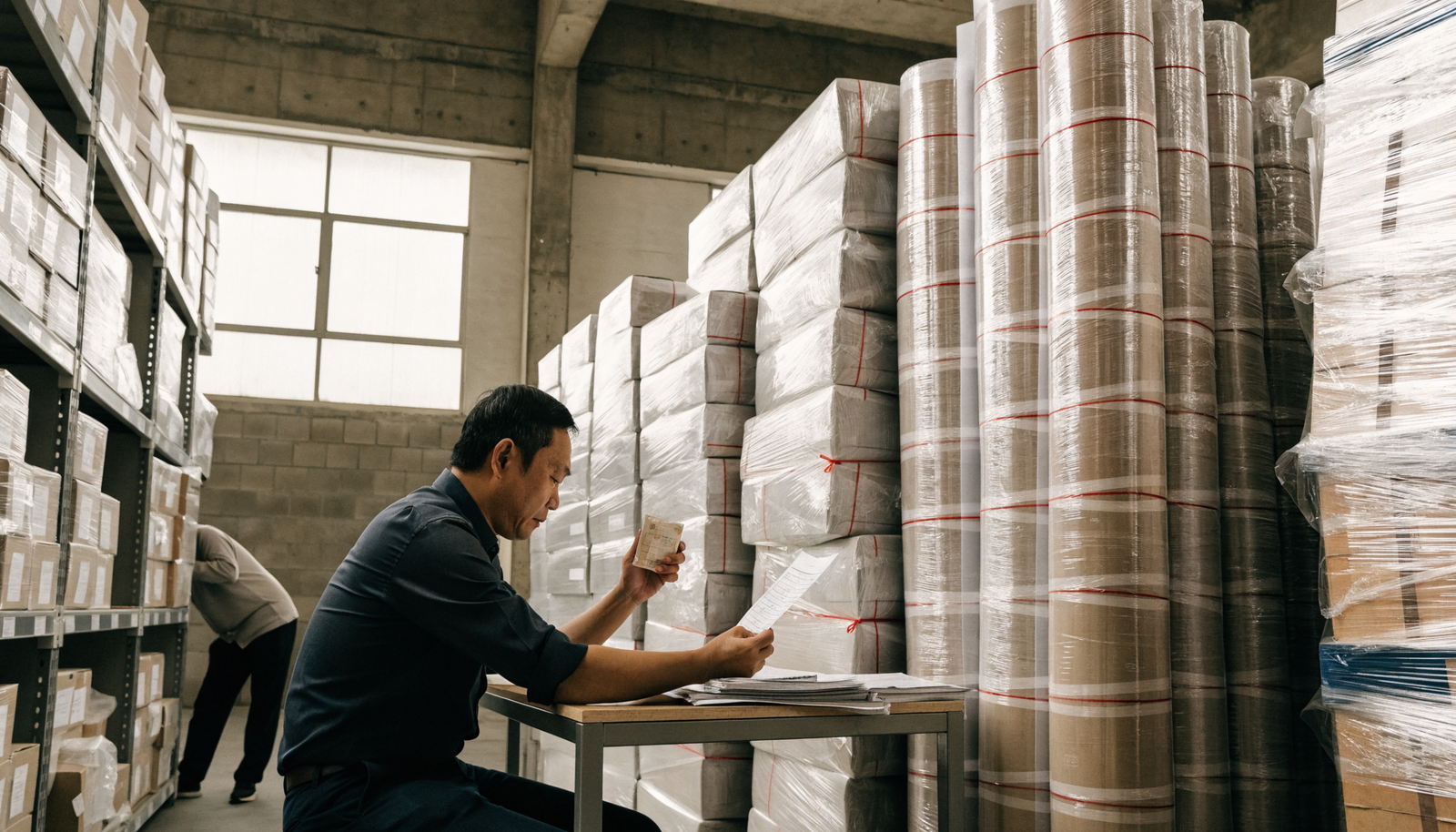 Operations manager reviewing goods and documents in an Indonesian wholesale warehouse